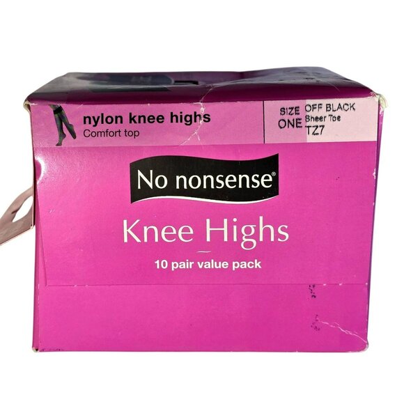 New No Nonsense Nylon Knee Highs 10 Pair Off Black Sheer Toe Comfort Top Vintage - Picture 3 of 3